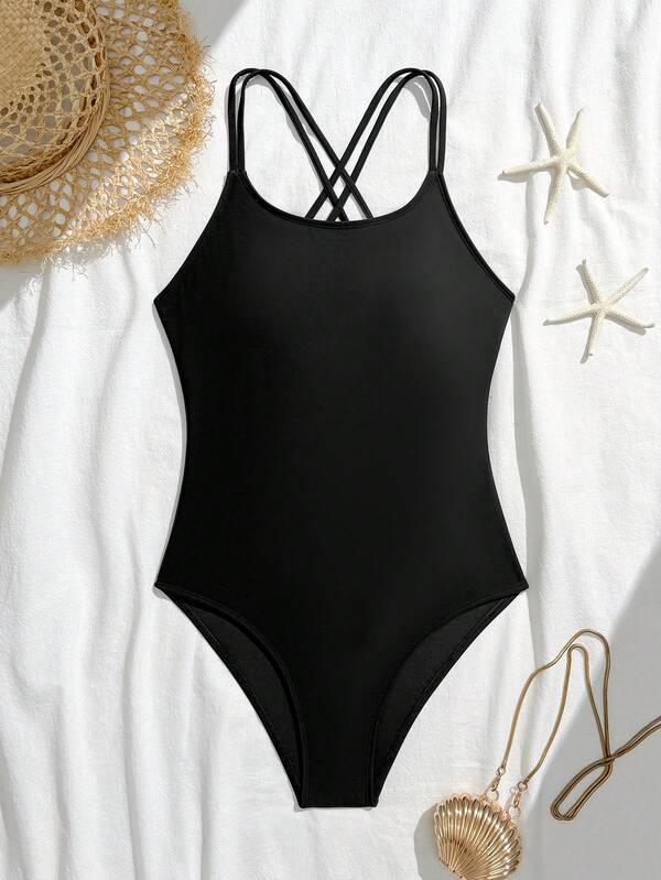 SHEIN Teen Girls One-Piece Swimsuits,Black Solid Color Fitted Knit Fabric,Adjustable Crossed Triangular Straps,Youthful Tank-Style For Summer,Beach,Holiday