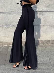 DAZY Black Lace Patchwork Solid Color Flare Pants, Suitable For Commuting & Office, Summer - Black - View 5