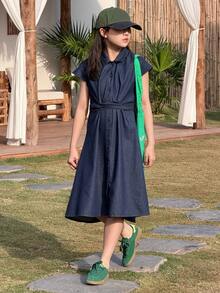 DAZY Vestido vaquero con cuello para niñas, ropa de otoño para niñas preadolescentes - Azul lavado oscuro - Ver 5