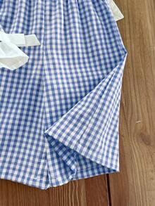 SHEIN LMoss Kids 女宝宝夏季可爱粉白格子荷叶边无袖上衣和松紧腰宽松裤套装 - 藍色 - 查看 5