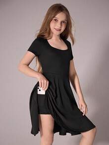 Tween Girl Casual Vacation Black Knit Dress, Comfortable & Soft, Versatile For Spring/Summer Outing, Vacation, Travel - Black - View 1