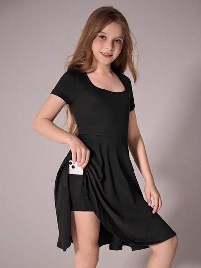 Tween Girl Casual Vacation Black Knit Dress, Comfortable & Soft, Versatile For Spring/Summer Outing, Vacation, Travel