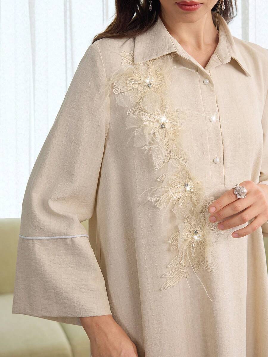 Al Najma 优雅翻领贴花宽松喇叭长款休闲女式睡袍 - 杏色 - 查看 1