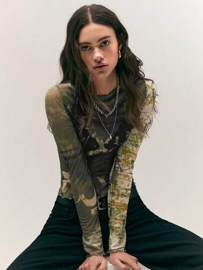 Easelle Blusa de manga larga con cuello redondo, de malla transparente y ajustada, en color verde, para mujer