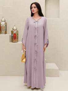 Yasmyna Đầm dài truyền thống Ả Rập dáng rộng, tay chuông, trang trí nơ dành cho nữ. - Bụi tím - Xem 9