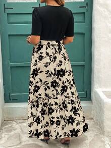 Reflora Plus Size Floral Print Ruffle Hem Short Sleeve Round Neck Dress Autumn Party Vacation Black - Apricot - View 2
