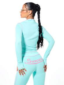 SUMWON WOMEN 女士浅绿色拉链前开襟印花Logo运动外套，粉色文字细节，长袖修身款，春夏休闲街头风。 - 綠色 - 查看 2