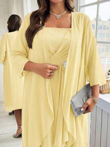 Ellevyn Bộ áo khoác và váy màu trơn thanh lịch dành cho người có vóc dáng đầy đặn, phù hợp cho các bữa tiệc. - Vàng nhạt - Xem 4