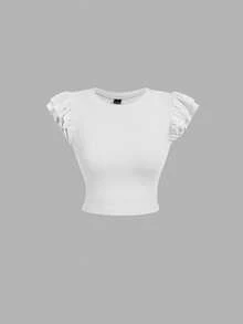 SHEIN MOD 2件装女士简约纯色荷叶边修身T恤，夏季 - 彩色 - 查看 6