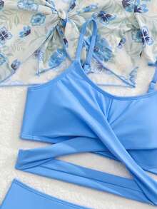 SHEIN 4pcs Tween Girl Blue Floral Mesh Solid Color Swimwear Set,Modest Summer Beach Holiday Resort Wear Three Pieces Swim Suit With Long Cover Up Skirt - Blue - View 4