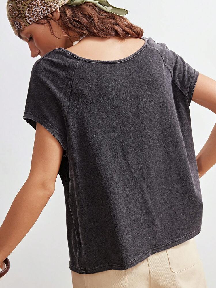 Bohemela Women's Casual Black Knit Patchwork Lace Off-Shoulder Short Sleeve T-Shirt Vacation Outfits Women Summer Outfits For Women Holiday Outfits For Women Summer Tops Going Out Tops For Women Holiday Outfits Black Tops - Black - View 7