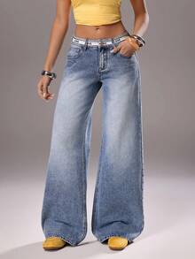 TRNVIE Fashionable Casual Street Style Woven Strap Letter Print Straight Leg Jeans - Light Wash - View 1