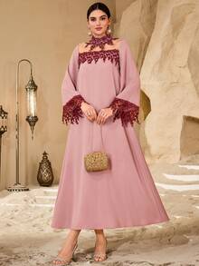SHEIN Najma Vintage Romantic Colorblock Decorative Patchwork Women Long Sleeve Fashionable Young Dress - Pink - View 4