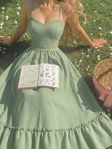 SHEIN MOD Women's Solid Color Waist Contrast Lace Elegant Spaghetti Strap Dress,Summer,Vacation Outfits, Retro, Vintage,Country Outfits,  Going Out,Teacher Outfits For Women,Date, Picnic, Party, Prom, Festival,Birthday Wear, Cottagecore Dress,Tea Party Dress,Milkmaid Dress,French Style Dress,Floral Print Dress - Green - View 6