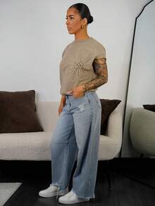 SAYEHFBABY 女式花卉蝙蝠袖宽松休闲针织上衣，秋季 - 駝色 - 查看 4