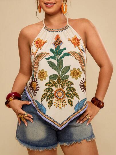Travachic Plus Size Women Boho Summer Holiday Style Floral Print Halter Top