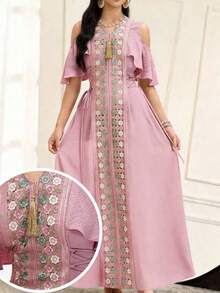 Al Najma Women's Solid Color Patchwork Fringe Detail Minimalist Long Arabic Style Dress, Arabian Dresses Romantic Young Pink Dress - Pink - View 3