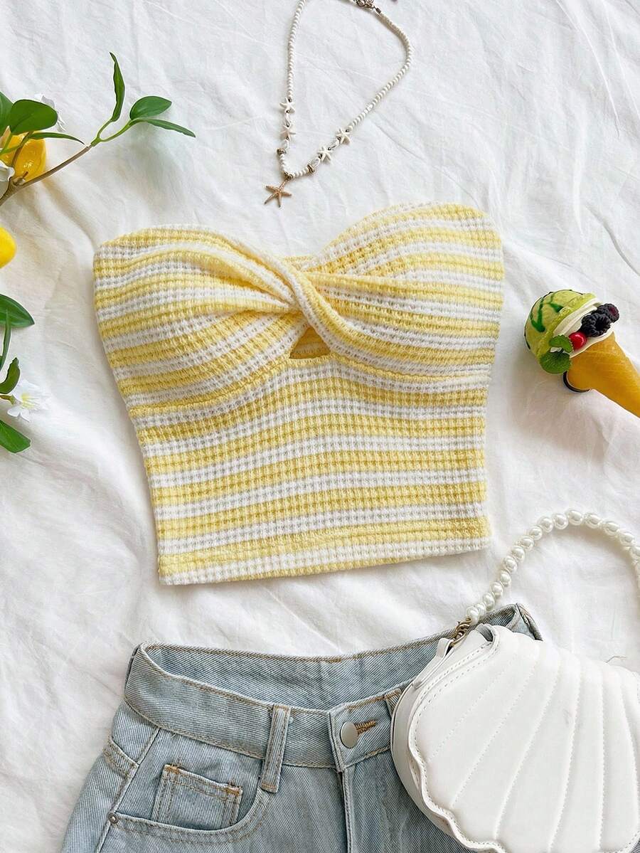 Soleia Women's Striped Twist Ruched Hollow-Out Fashionable Versatile Tube Top For Dates & Outings - Light Yellow - View 1
