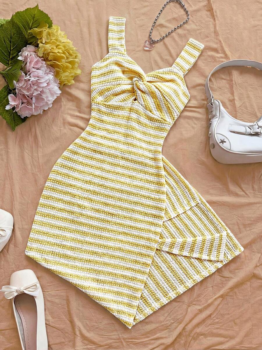 Soleia Women's Casual Striped Twist Sleeveless Midi Dress - Yellow - View 1