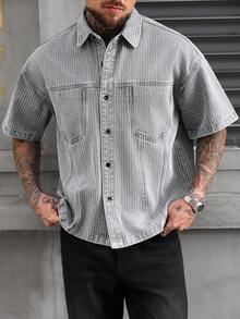 Manfinity EMRG Men's Casual Striped Loose Gray Denim Short Sleeve Shirt, Street Fashion - Grey - View 6