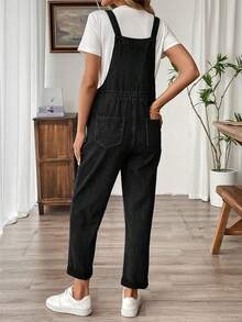 SHEIN Maternity Casual Minimalist Solid Color Drawstring Waist Denim Overalls With Rolled Hem - Black - View 2