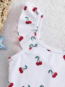 Emery Rose Kids 女童粉色荷叶袖蝴蝶结连体泳衣，姐妹装 - 白色 - 查看 2