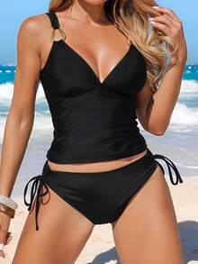 Swim Lushoire Women's Fashion Side Drawstring Camisole & Bikini Set, Summer - Black - View 4