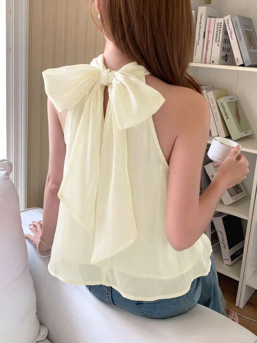 SHEIN Girls' Elegant Sweet Pink Woven Chiffon Stand Collar Ruched A-Line Top, Decorative Bowknot On Back, Spring/Summer - Apricot - View 1
