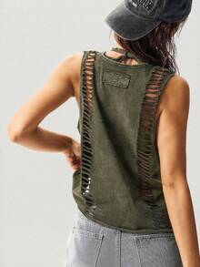 Bohemela Áo tank top dệt kim màu trơn dáng ngắn dành cho nữ - xanh quân đội - Xem 6