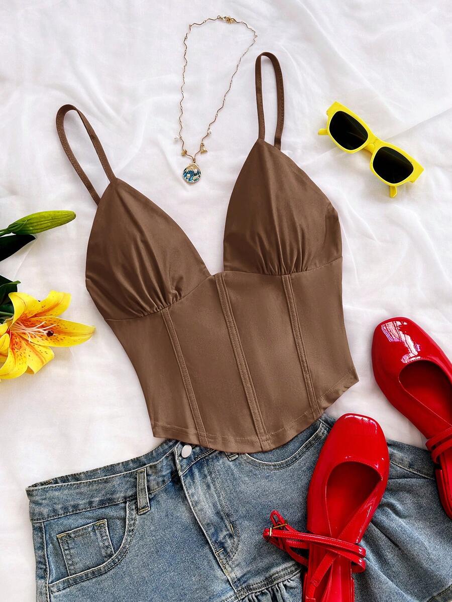 Soleia Women's Chic Coffee Brown Spaghetti Strap V-Neck Camisole, Crisscross Backless Knit Top,Vintage Boho Summer Vacation Night Holiday Clothes - Brown - View 1