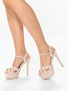 Glitzique 14 厘米高跟厚底凉鞋，防水高跟鞋，闪亮鞋面，露趾，细跟，适合女士 - 杏色 - 查看 6