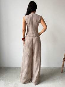 Firerie 女士优雅休闲时尚通勤都市现代度假波西米亚风舒适V领金属扣条纹背心和高腰卡其裤两件套 - 卡其色 - 查看 7