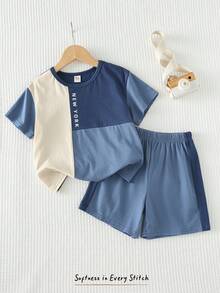 Cozy Pixies 2 pièces/set Top à manches courtes col rond tricoté et short taille élastique pour jeune garçon, en couleurs contrastées - Bleu azur - Voir 8