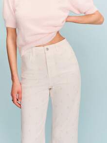 lacRébo White Flower Embroidered High Waist Denim Jeans Floral Pants Spring Summer French Style Parisian Style - White - View 1