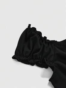 ROMWE Kawaii 大码女士芭蕾舞风格V领蝴蝶结装饰撞色波点蕾丝拼接修身两件套：上衣+半裙 - 黑色 - 查看 3