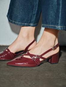 女士酒红色漆皮尖头绑带粗跟高跟鞋，优雅尖头正式高跟鞋，时尚露跟高跟鞋 - 酒紅色 - 查看 8