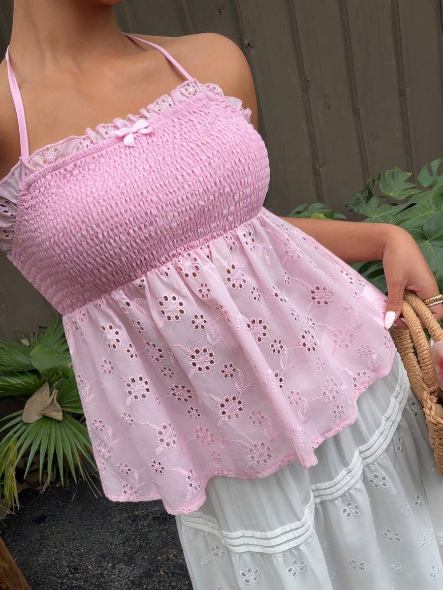 Sunnyshic Women's Pink Embroidered Halter Neck Tie Camisole, Fashionable Versatile For Outings, Dates, Beach Vacations, Cute & Sweet, Spring/Summer Back To School Season - Pink - View 1