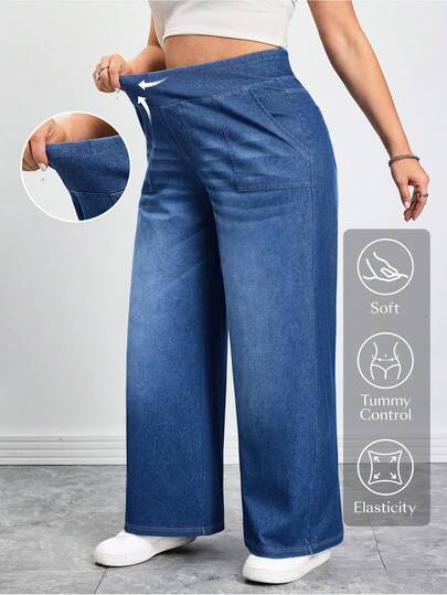 SHEIN CURVE+ Plus Size Casual Washed High Waist Straight Leg Jeans