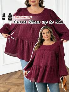 SHEIN CURVE+ CURVE PLUS /Ngày Valentine/Áo kiểu nữ cỡ lớn dáng rộng tay phồng xếp ly màu đỏ tía, trang phục mùa thu, trang phục mùa đông, áo kiểu boho, áo dài tay cỡ lớn cho nữ, trang phục năm mới/2026/Năm mới - Màu Đỏ Sâu - Xem 1