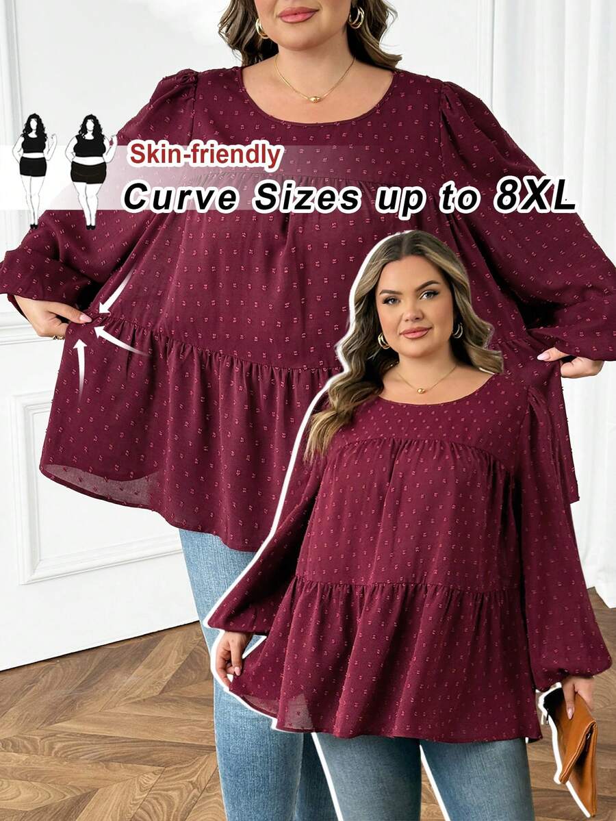 SHEIN CURVE+ CURVE PLUS /Ngày Valentine/Áo kiểu nữ cỡ lớn dáng rộng tay phồng xếp ly màu đỏ tía, trang phục mùa thu, trang phục mùa đông, áo kiểu boho, áo dài tay cỡ lớn cho nữ, trang phục năm mới/2026/Năm mới - Màu Đỏ Sâu - Xem 1