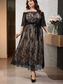 Modelyn Robe de soirée décontractée pour femmes grandes tailles avec design de taille à lacets et épaules dénudées en dentelle - Multicolore - Voir 9