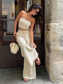 Serisse 女士度假休闲纯色抹胸上衣和裤子两件套 - 杏色 - 查看 3