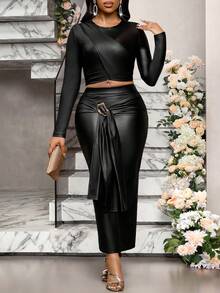 SHEIN Lady 女士优雅通勤修身上衣和半裙两件套 - 黑色 - 查看 7