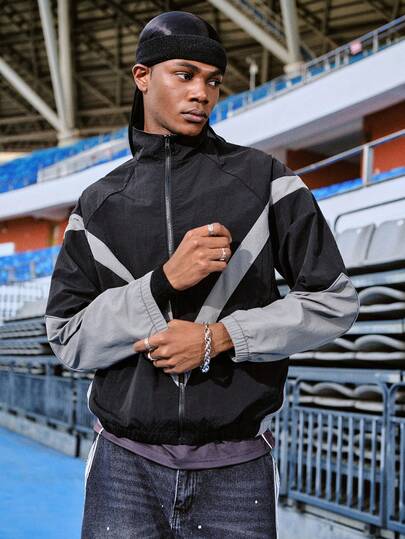 EVRINFINITE 男士拼接撞色反光条纹装饰立领夹克，美式风格个性化运动户外摩托车街头轻便夹克