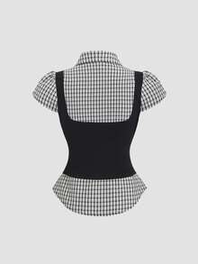 Sweetra Áo sơ mi tay ngắn in hoa, kiểu dáng cổ điển phối nhiều mảnh, giúp thon gọn vòng eo, phù hợp cho mùa xuân/hè và đi làm. - màu đen - Xem 2