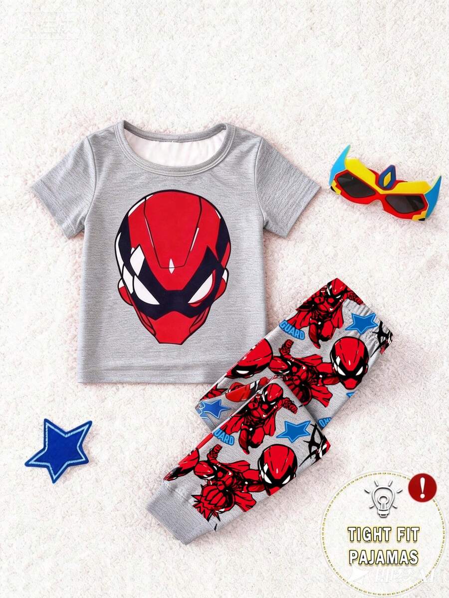 1 Set Young Boy Spider & Superhero Print Tight Fit Round Neck Short Sleeve Pajama Top And Pants, Spring/Autumn - White - View 1