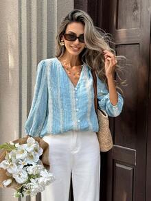 Pariaura 女士V领刺绣衬衫，夏季衬衫 - 藍色 - 查看 1