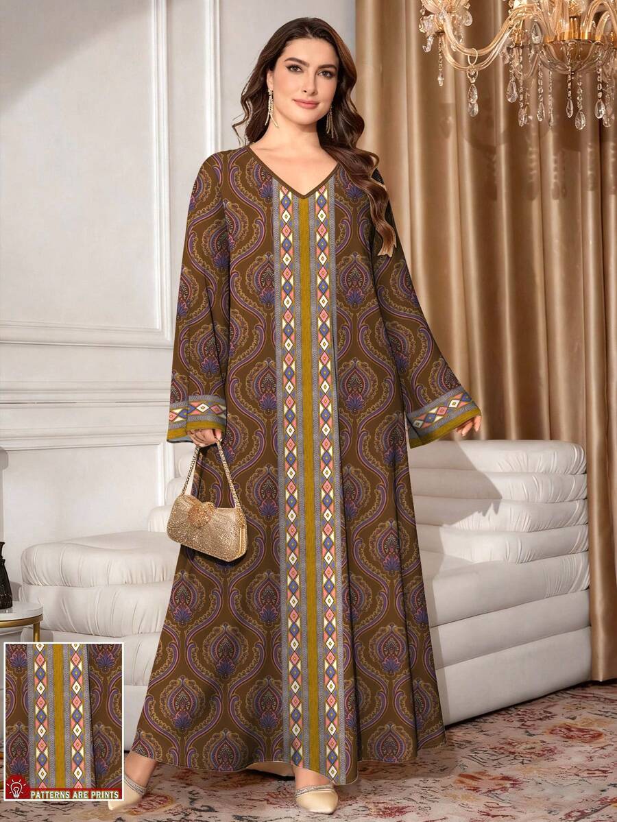 SHEIN Najma 石榴花复古图案菱形几何印花长款连衣裙，V领长袖优雅阿拉伯风格连衣裙，适合大码女性，春夏款 - 彩色 - 查看 1