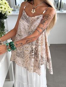 Livesso 女士夏季休闲波西米亚度假风拼接印花宽松串珠吊带衫 - 杏色 - 查看 2