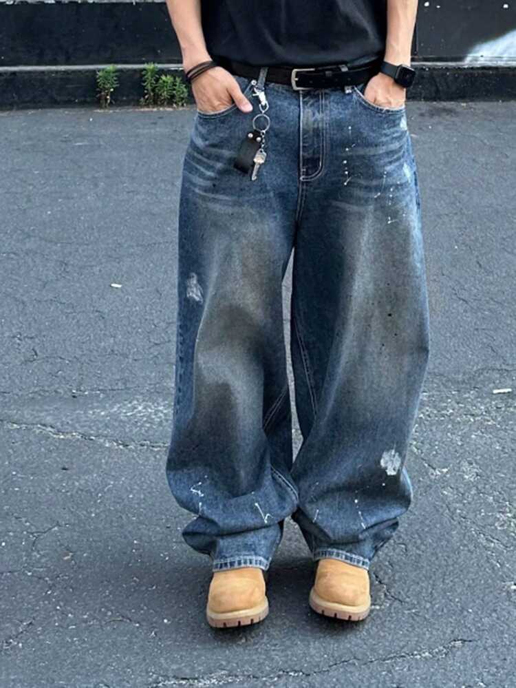 Men's Distressed Washed Long Denim Jeans, Suitable For Spring And Autumn Summer